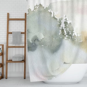 Abstract Shower Curtain, Boho Chic, Pastel Forest Green, Fir Pine Trees, Watercolor, Farmhouse Decor, Water Resistant Curtain,Bathroom Decor