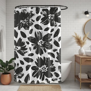 Boho Floral Shower Curtain | Black White Fabric Shower Curtain, Brushed Ink Abstract Floral | Watercolor Minimalist Mid Century Curtain