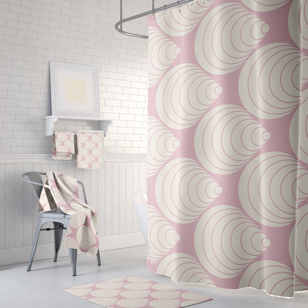 Boho Pink Shower Curtain Set, Bath Mat, Hand, Bath Towel Art Deco