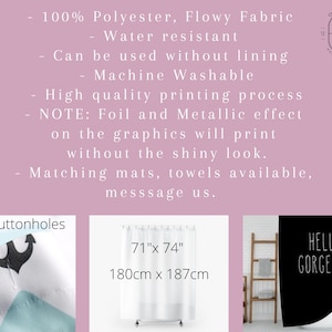 Puede incluir: Una cortina de ducha blanca con el texto "71"x 74" 180cm x 187cm" impreso en ella. La cortina de ducha est&aacute; colgada en un ba&ntilde;o con una escalera y una cortina de ducha negra con el texto "HELLO GORGEOUS" impreso en ella.