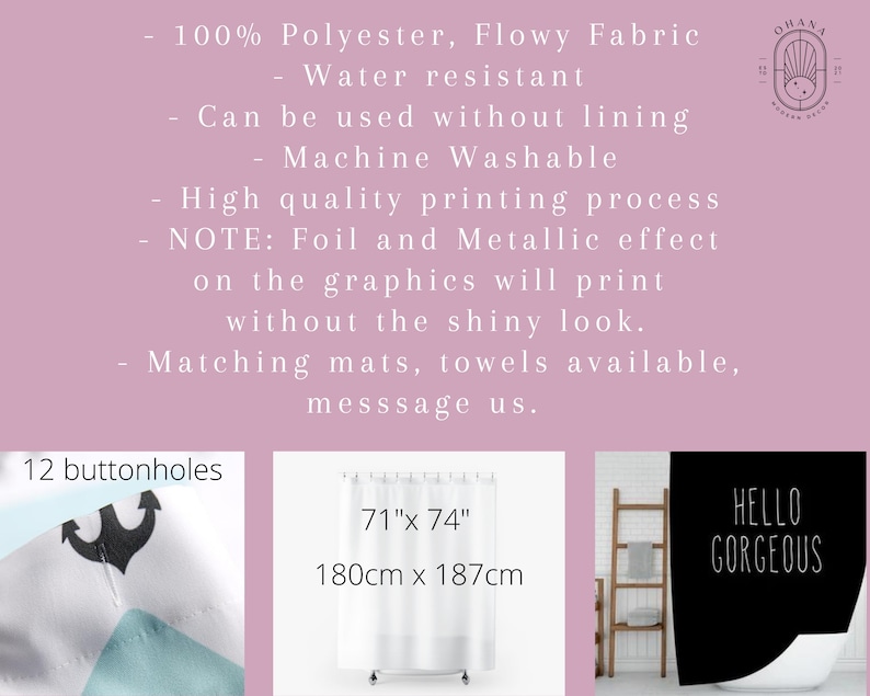 Puede incluir: Una cortina de ducha blanca con el texto "71"x 74" 180cm x 187cm" impreso en ella. La cortina de ducha est&aacute; colgada en un ba&ntilde;o con una escalera y una cortina de ducha negra con el texto "HELLO GORGEOUS" impreso en ella.