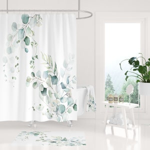 Boho Shower Curtain, Bath Mat, Hand, Bath Towel, Eucalyptus Green White Floral bathroom set, Watercolor Minimalist Botanical Jungle Leaves