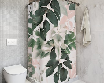 Fabric Boho Floral Shower Curtain | Sage Green, Blush Pink, White Eucalyptus Leaves | Farmhouse Shabby, Cottage Core Bathroom Curtain