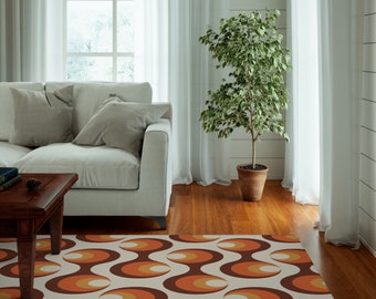 Retro Boho Area Rug | Muted Rust Beige Brown, Orange Eyeballs 70s Vintage, Minimalist | Living Room, Bedroom Carpet,Large Rugs, 8x10, 9x12