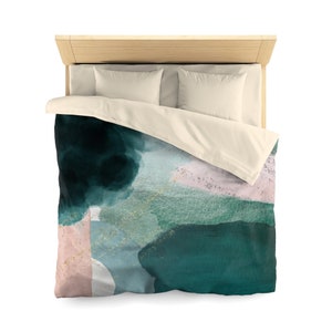 Abstract Duvet Cover, Boho Bedding, Emerald Green Beige , Dusty Pink, Ombre Watercolor, Simple Minimalist, Queen King Duvet Cover