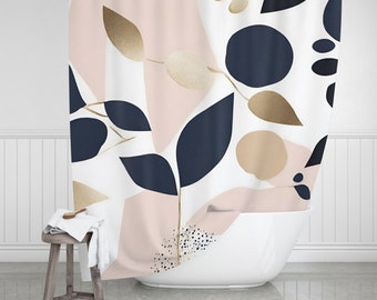 Boho Abstract Shower Curtain | White, Navy Blue, Blush Pink | Minimalist Watercolor Bathroom Decor