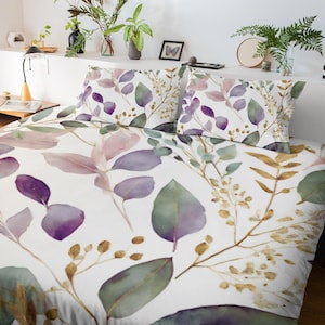 Floral Ombre Duvet Cover Set: Modern Botanical Bedding, White Purple Green