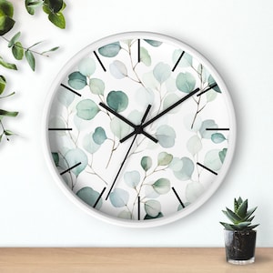 Eucalyptus Wall clock, Floral Wall Clock, Mint Green White, Silent Clock,  Office or Kitchen Wall Clock
