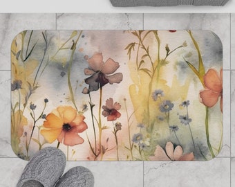 Tapis de bain floral, tapis de cuisine | Aquarelle de fleurs sauvages, couleurs terreuses beige gris rouge, fleurs de jardin jaunes | Tapis de salle de bain style campagnard