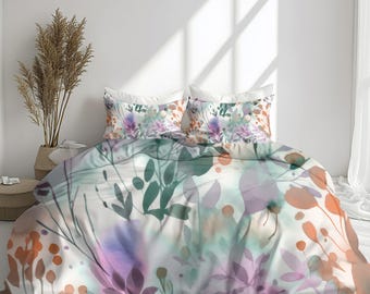 Floral Duvet Cover | Abstract Earthy Queen King Twin XL Bedding | Watercolor Orange Teal Green White Botanical Garden