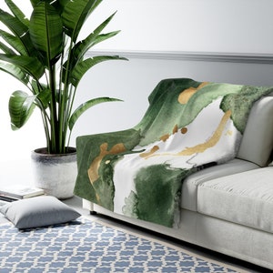 Boho Couch Throw Blankets, Retro Abstract Ombre, Forest Sage Green, White Gold Black, Ombre, Minimalist, Fleece Sherpa Couch, Office Blanket