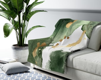 Abstract Ombre Fleece Throw Blanket: Sage Green, Gold & Black