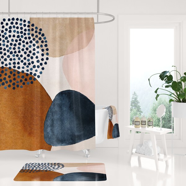 Abstract Art Shower curtain, bath mat, bath towels,  bathroom set, dusty pink, rust brown, Beige , and navy modern art bathroom decor