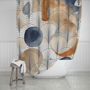 Stoffen boho douchegordijn | Art deco, abstract marineblauw, aards neutraal, taupebeige oranje | Aquarel badkamer, woondecoratie appartement