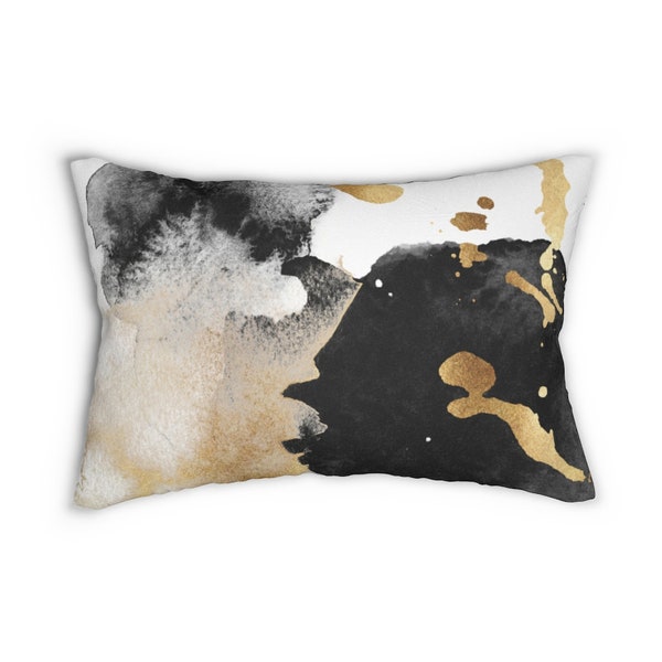 Boho Chic Throw Lumbar Pillow, Abstract, Black White, Faux Gold, Fancy Luxury, Apartment, Home Office Decor, Couch Accent