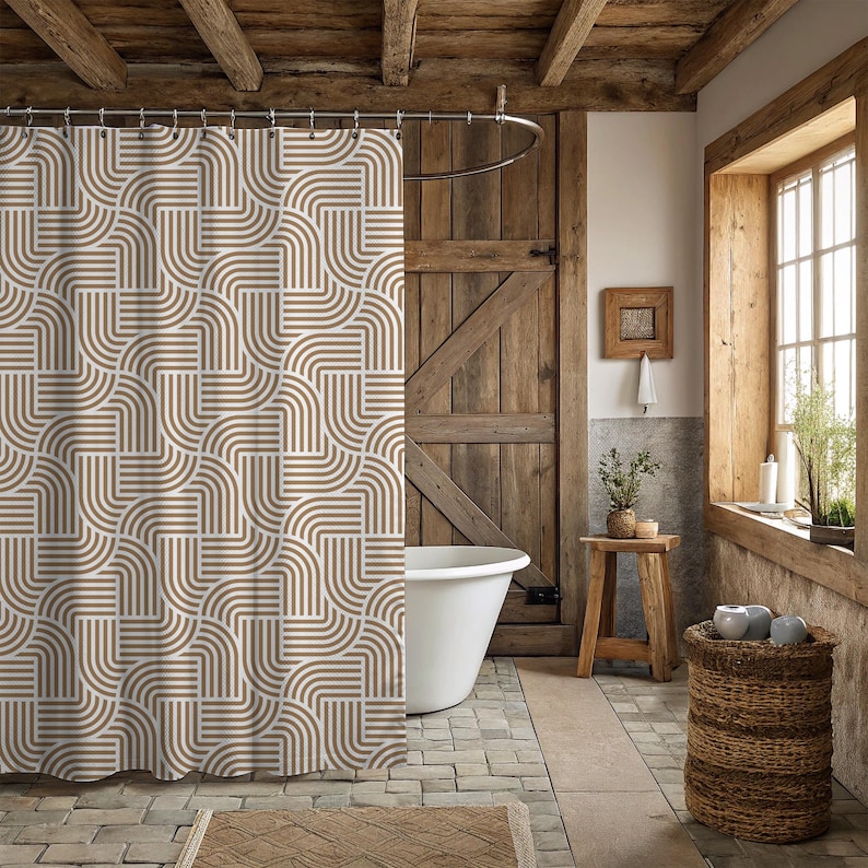Abstract Art Deco Shower Curtain | Fabric Shower Curtain, Tan Beige White Geometric image 4