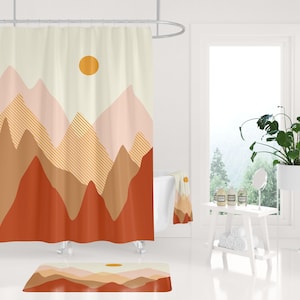 Boho Mountain Bathroom Set: Abstract Hills Shower Curtain, Mat & Towels