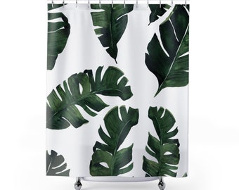 Rideau de douche bohème en tissu | Monstera tropical, feuilles de bananier de la jungle, rideau de bain vert blanc | Rideau de salle de bain Plant Lovers