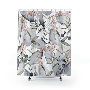 Boho Shower Curtain, Floral Blush Pink, Blue Gray, Sage Green Beige , Watercolor, Modern Minimalist Stylish, Mid Century Bathroom Curtain