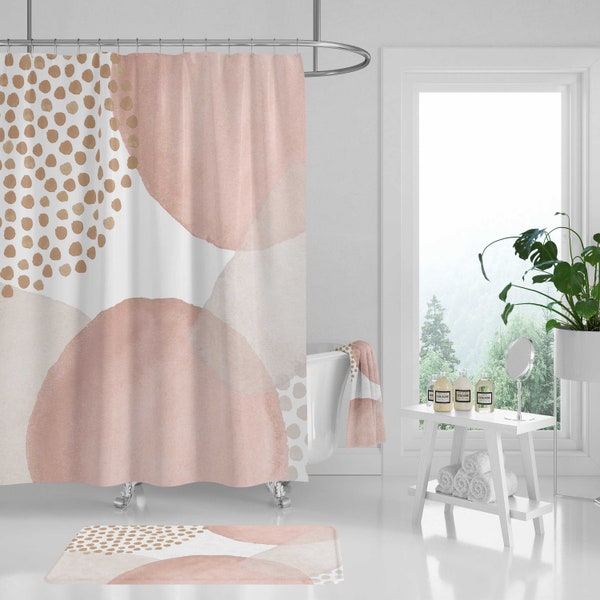 Boho Shower Curtain, Bath Mat, Towel Set, Abstract Blush Pink, Ivory Cream Beige Ivory and White bathroom set, Pastel Watercolor Minimalist