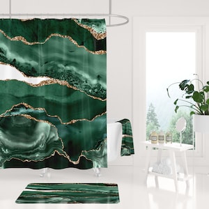 Boho Shower Curtain, Bath Mat, Hand, Bath Towel | Bathroom Set | Abstract Agate Marble, Forest Emerald Jade Green Beige | Minimalist Decor