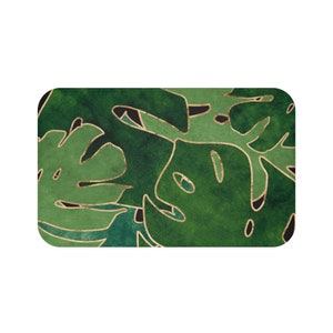Botanical Bath Mat, Forest Emerald Green, Tropical Jungle, beige Large Monstera, Leaves Floral, Watercolor Paint Ink, Bathroom Decor