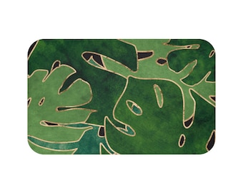 Botanical Bath Mat, Forest Emerald Green, Tropical Jungle, beige Large Monstera, Leaves Floral, Watercolor Paint Ink, Bathroom Decor