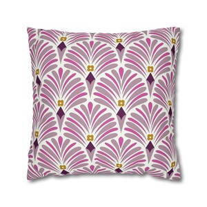 Funda de cojín abstracta, estilo Art Déco Nouveau, con un bonito abanico floral retro colorido y una grulla rosa y amarilla para la sala de estar y el dormitorio.