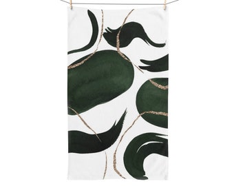 Boho Hand Towel, Retro Abstract Shapes Art, Forest Dark Green Beige Watercolor Minimalist Print, Kitchen, Bathroom Spa Gym Towel