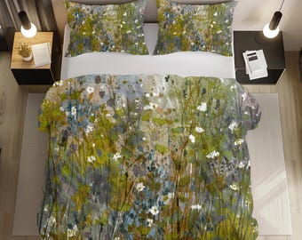 Abstract Floral Watercolor Duvet Cover Set | Boho Green Bedding, Microfiber or Cotton (King, Queen, Twin)