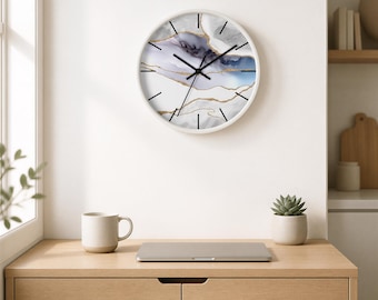 Marble Wall Clock, 10 Inch Wood, White Grey Blue Agate, Modern Minimalist