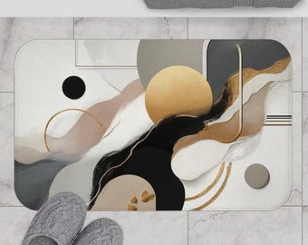 Abstract Geometric Bath Mat, Kitchen Mat | Taupe Muted Gold, Grey Black, Modern Organic | Contemporary Art Bathroom Rug