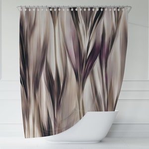 May include: Abstract shower curtain with a design of brown, purple, and white vertical lines.