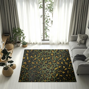 Boho Area Rug, Stylish Green Non-Foil Gold Beige Brown Leopard, Animal Skin, Modern Elegant Minimalist, Home Office, Living Room,Floor Decor