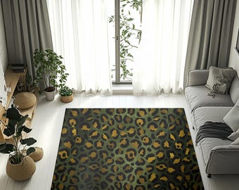 Boho-Teppich | Modernes Wohnzimmer mit grünem, gedecktem Gold-Leopardenmuster
