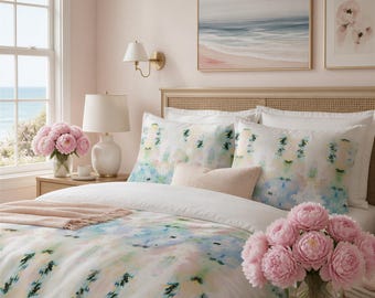 Pastellfärgad akvarellfärgad påslakanset | Mjukt blågrönt blush boho sängkläder queen size king size-säng XL, örngott