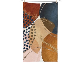 Boho Hand Towel, Abstract Burnt Orange Rust, Navy Blue, Beige Gold, Watercolor Stylish Nature, Kitchen Bathroom, Spa, Workout Towel