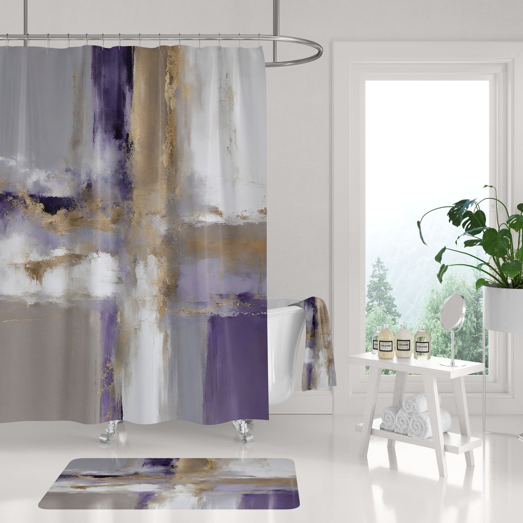 Boho Shower Curtain and Bath Mat Set Abstract, Lavender Purple, Grey ...