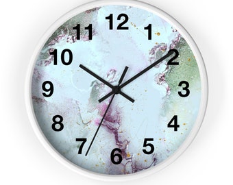 Horloge murale en bois abstraite, turquoise, bleu ciel pâle, vert ombré bohème minimaliste moderne, aquarelle de cuisine, de bureau, horloge ronde 10 po