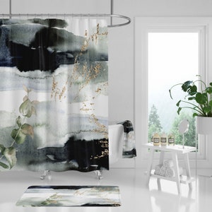Boho Shower Curtain, Bath Mat, Hand, Bath Towel | Bathroom Set | Abstract Ombre Blue Green White Floral Gold Beige | Minimalist Home Decor