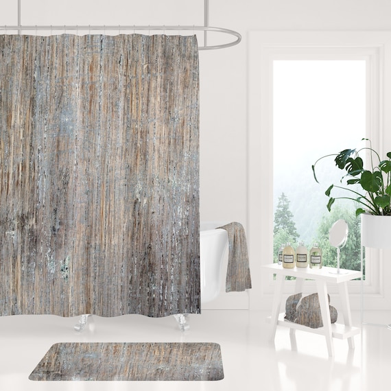 Boho Shower Curtain Bath Mat Hand Towel Rustic Wood Print Gray Beige Pale Blue Elegant Bathroom Set Modern Boho Bathroom Decor Etsy