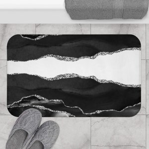bohemian bath mat and rug, Gray White Black Ombre, and Silver Agate Quartz, Marble Fancy Luxury in Watercolor Print Bathroom Decor