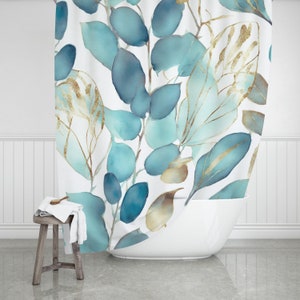 Fabric Boho Shower Curtain | Floral Teal Green Blue Beige Leaves | Modern Botanical Bathroom Curtain, Home Apartment Decor