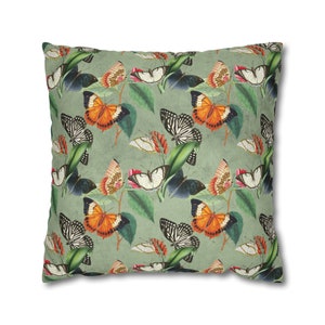 Vintage Couch Throw Pillow Cover | Retro Orange Butterflies, Sage Green Meadow nature l Sofa Accent Cushion Polyester, Faux Suede Pillowcase