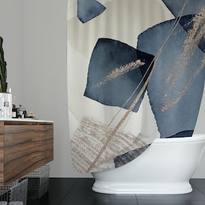Boho Chic, Abstrakter Duschvorhang, Marineblau, Creme-Elfenbein, und Gold, Aquarell, einfache minimalistische, ausgefallene moderne Badezimmerdekoration