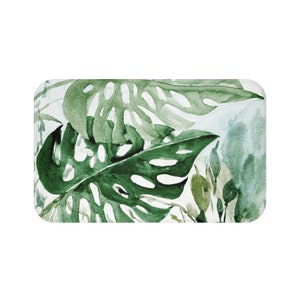 Bohemian Bath Mat, Large Monstera, Tropical Green Leaves,modern botanical,floral farmhouse,watercolor bath set,Lake House Bathroom Decor