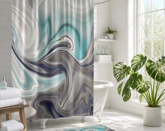Rideau de douche bohème, bleu turquoise et gris, motif aquarelle abstrait moderne