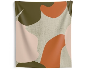 Wall Decor Hanging Tapestry, Dark Green Rust, Burnt Orange, Blush Dusty Pink, Modern Abstract Art, Large Wall Tapestry