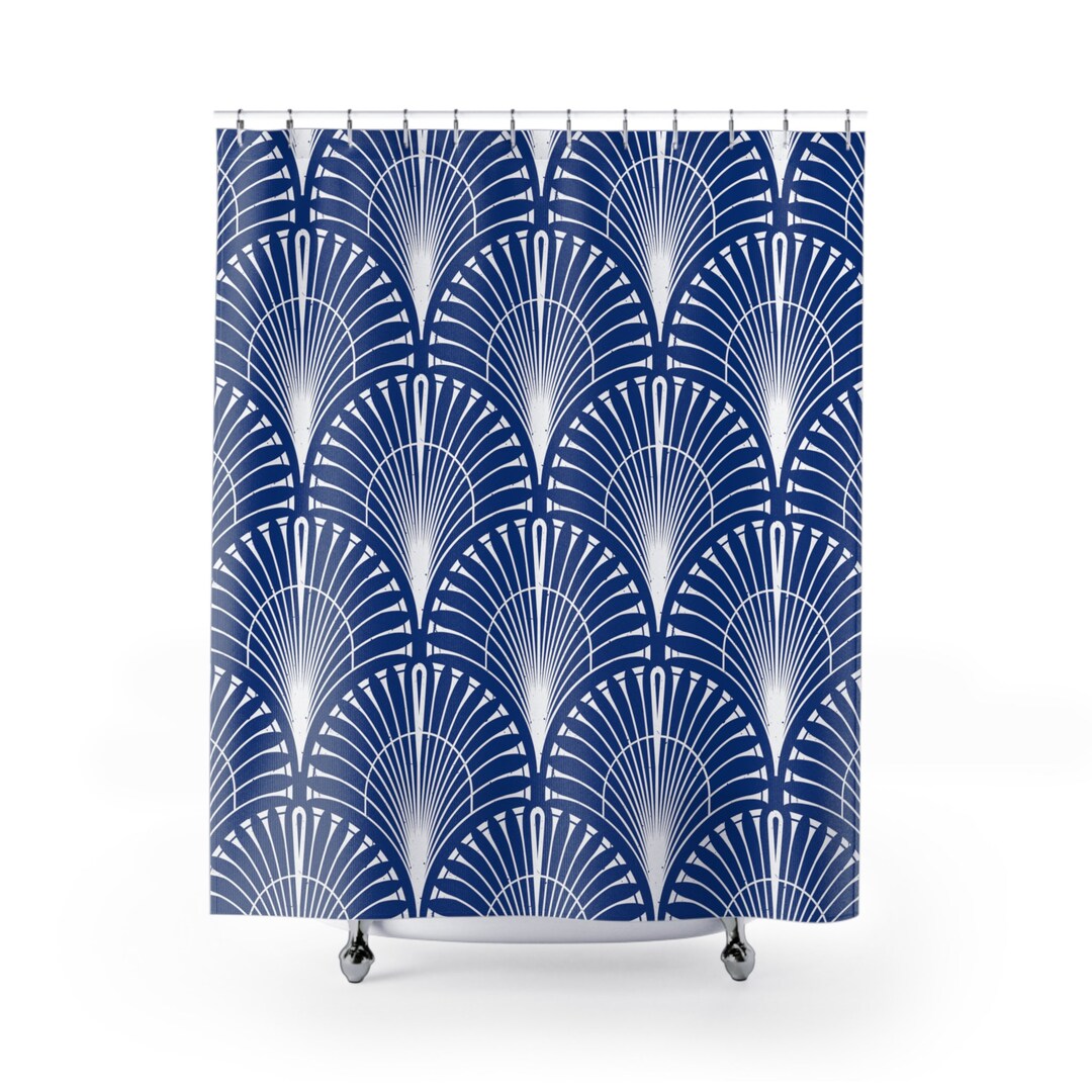Art Deco Boho Shower Curtain Indigo Blue White Geometric Art Etsy