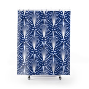 Art deco boho douchegordijn | Indigoblauw-witte geometrische art nouveau | Minimalistische moderne badkamer, woondecoratie appartement